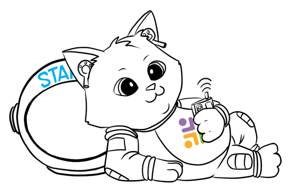 A cartoon-style illustration of a cat dressed as an astronaut. The cat has large, expressive eyes and a friendly expression. It is wearing a space suit with a circular emblem on the chest featuring a multicolored design. The suit includes a backpack-like life support system with the word 'STAR' partially visible. The cat is lounging on its side, holding a small device emitting a signal, and has futuristic-looking ear devices.