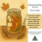 Illustrated flyer for the Belmont Free Library’s Homesteading Series workshop on Fire Cider. On the left, a mason jar filled with garlic cloves, red and orange chili peppers, and green herbs sits on a wooden surface, surrounded by autumn leaves and sprigs. On the right, text reads: ‘Homesteading Series – Fire Cider. Learn how to make your own Fire Cider — a tangy, spicy vinegar infusion often used in folk kitchens for flavor and warmth. September 23rd, 5:00 PM. Registration is Required,’ with the library’s triangular clocktower logo at the bottom.”