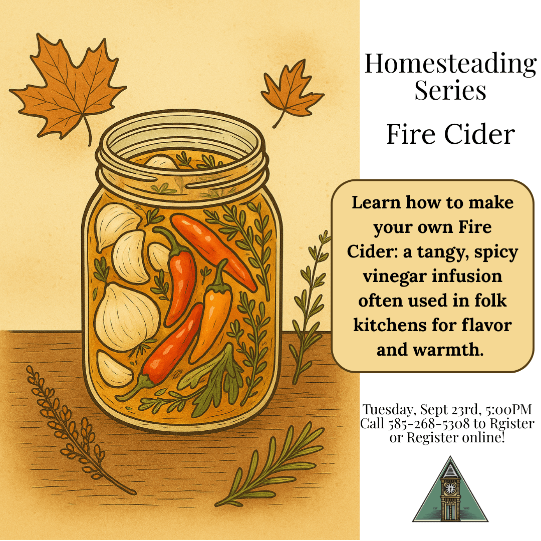 Illustrated flyer for the Belmont Free Library’s Homesteading Series workshop on Fire Cider. On the left, a mason jar filled with garlic cloves, red and orange chili peppers, and green herbs sits on a wooden surface, surrounded by autumn leaves and sprigs. On the right, text reads: ‘Homesteading Series – Fire Cider. Learn how to make your own Fire Cider — a tangy, spicy vinegar infusion often used in folk kitchens for flavor and warmth. September 23rd, 5:00 PM. Registration is Required,’ with the library’s triangular clocktower logo at the bottom.”