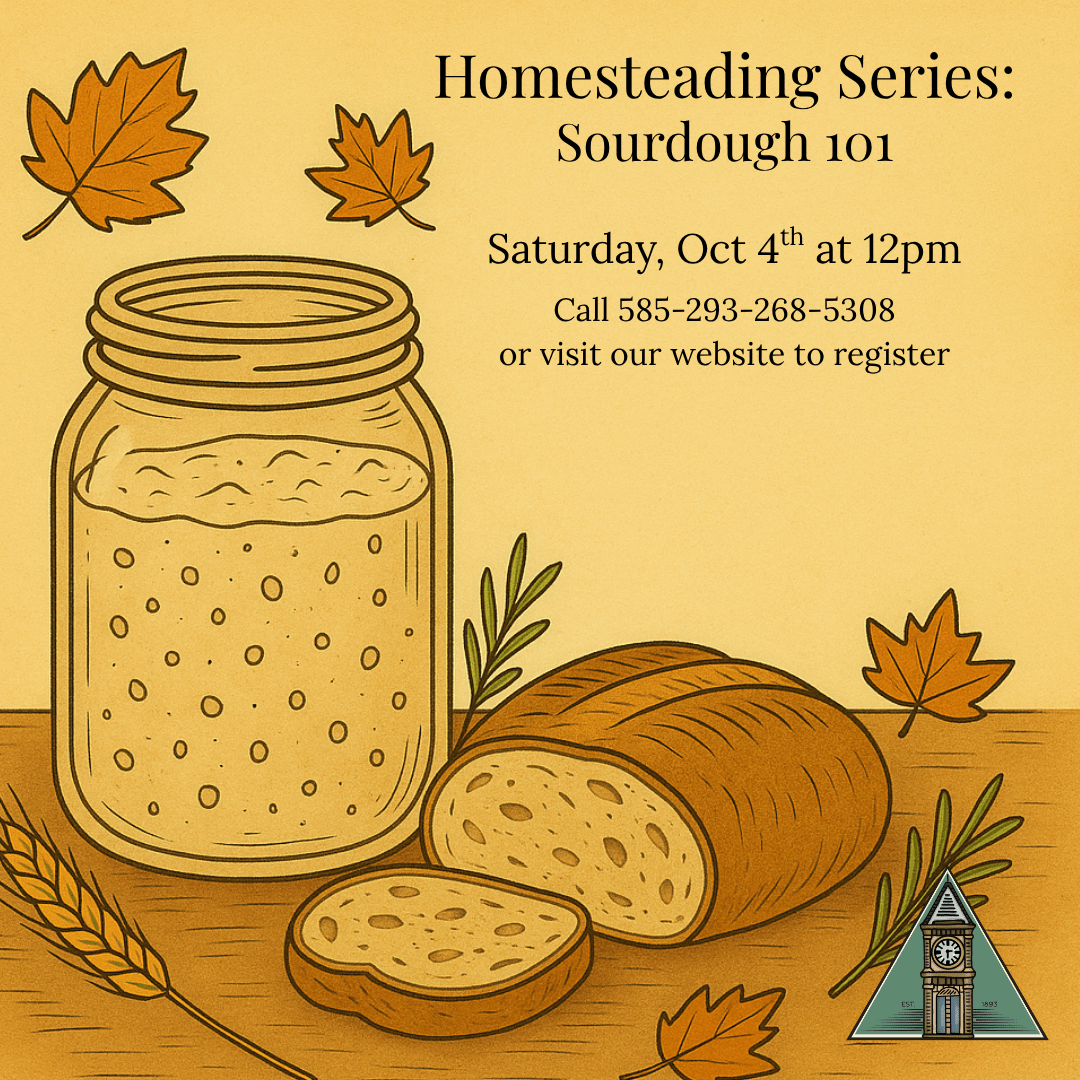 Vintage-style hand-drawn illustration of a jar filled with sourdough starter on a wooden table. Surrounding the jar are wheat stalks and flour dust, with a warm, rustic beige and brown color palette evoking a homesteading kitchen feel.