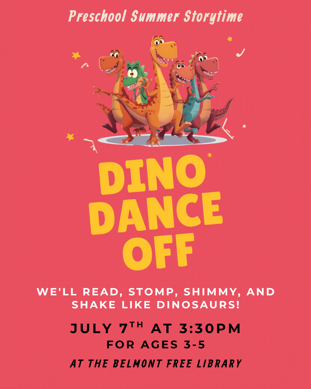 Event flyer for preschool summer event dino dance off. Event details below.