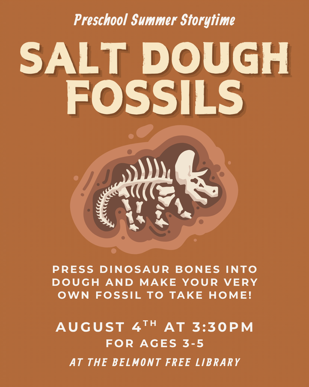 Event flyer for preschool summer event salt dough fossils. Event details below
