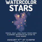 Event flyer for preschool summer event watercolor stars. Event details below