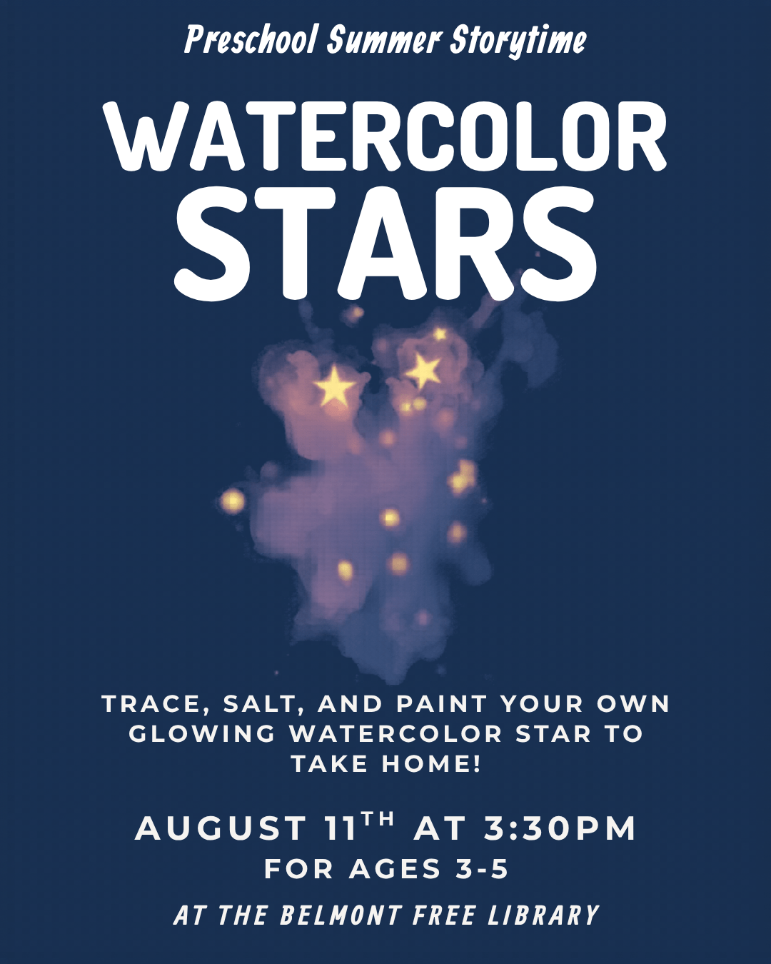 Event flyer for preschool summer event watercolor stars. Event details below
