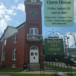 Front of Belmont Free Library with Open house information