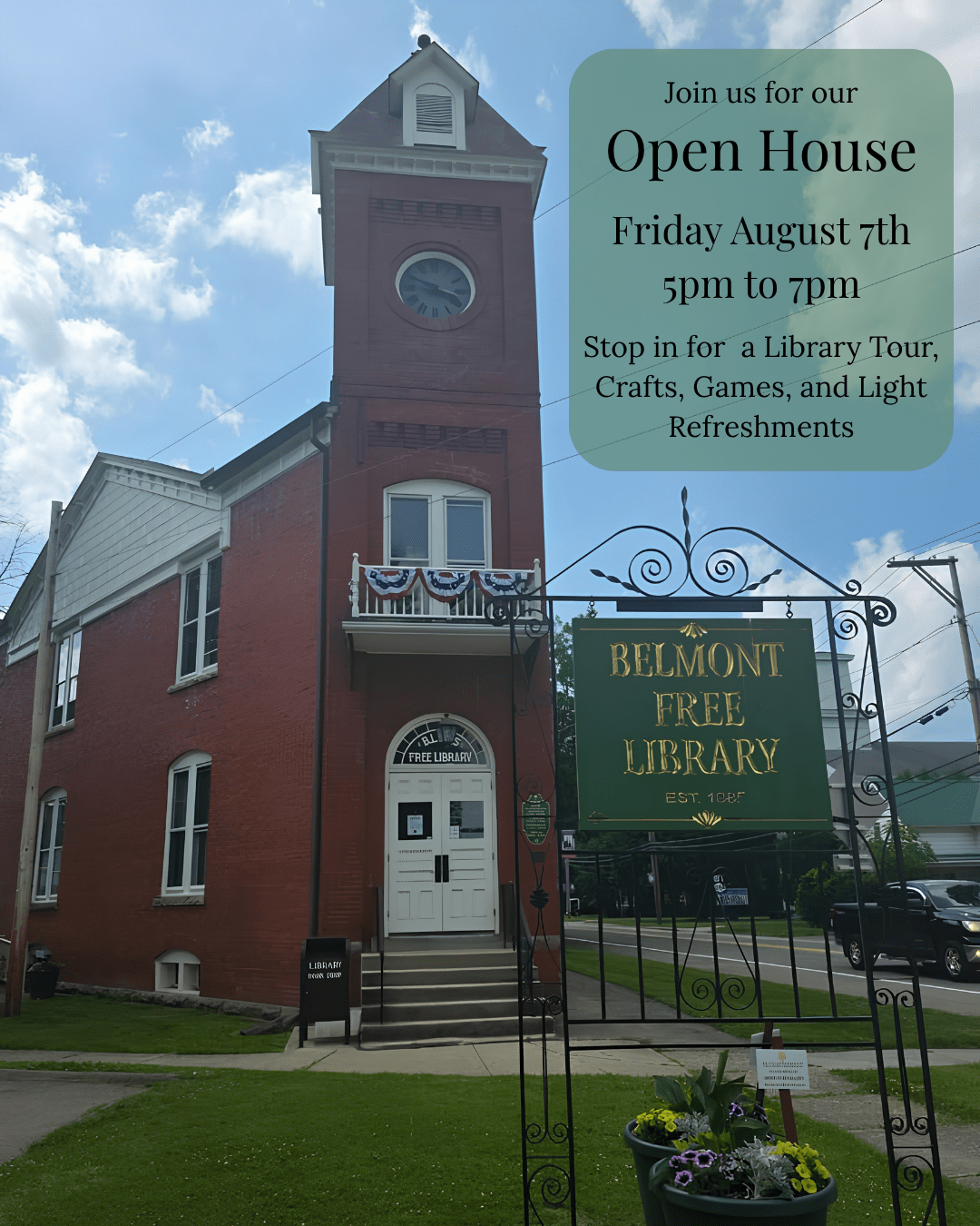 Front of Belmont Free Library with Open house information